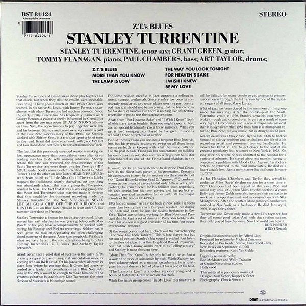 Image of Back Cover of 4544022S: LP - STANLEY TURRENTINE, Z.T.'s Blues (Blue Note; BST 84424, US 1985) Light marks only.   VG/VG