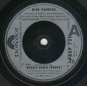 Image of Front Cover of 4524042E: 7" - MAN PARRISH, Boogie Down (Bronx) (Polydor; POSP 731, UK 1984) Light marks only.  /VG