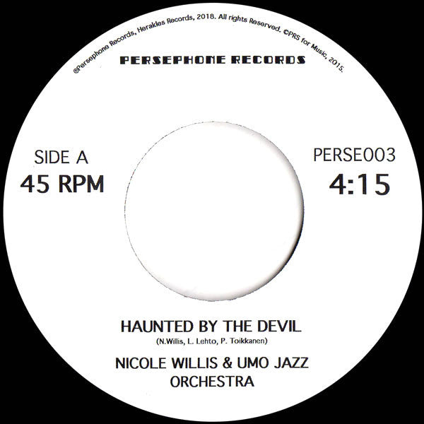 Image of Front Cover of 4554134S: 7" - NICOLE WILLIS & UMO JAZZ ORCHESTRA, Haunted By The Devil / (Everybody) Do The Watusi (Persephone Records; PERSE003, Europe 2018)   /EX