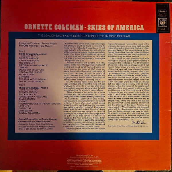 Image of Back Cover of 4624272E: LP - ORNETTE COLEMAN, THE LONDON SYMPHONY ORCHESTRA CONDUCTED BY DAVID MEASHAM, Skies Of America (CBS; S 65147, UK 1972) Strong VG  VG/VG