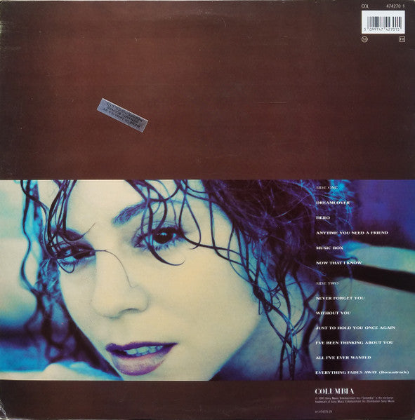 Image of Back Cover of 4544146S: LP - MARIAH CAREY, Music Box (Columbia; 474270, Jamaica 1993) Made in Jamaica sticker on rear of sleeve. Small writing on both sides of label. Light ringwear and corner creasing.   VG/VG+