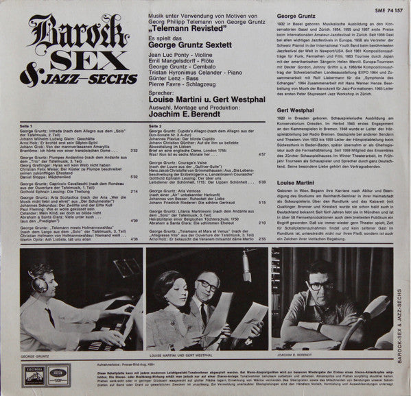 Image of Back Cover of 4524162E: LP - GEORGE GRUNTZ SEXTETT, Barock Sex & Jazz-Sechs (Electrola; SME 74 157, Germany 1966, Insert) Sleeve has hole punched in top right.  VG/VG+