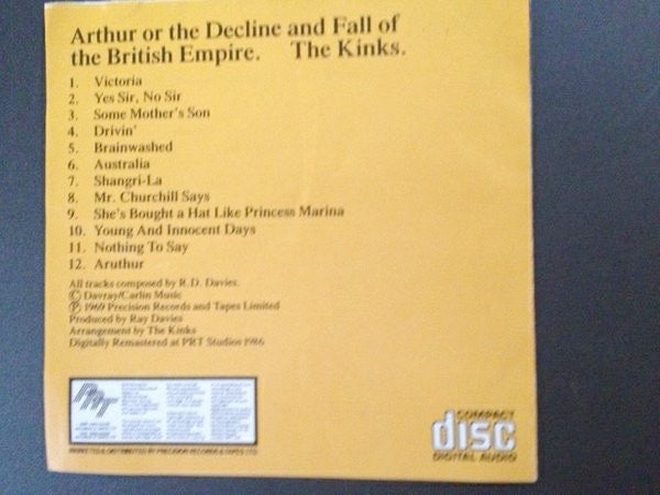 Image of Back Cover of 4514201C: CD - THE KINKS, Arthur Or The Decline And Fall Of The British Empire (PRT; CDMP 8835, UK 1987 Reissue, Jewel Case)   VG+/VG+