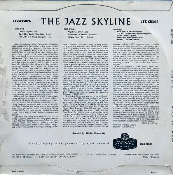 Image of Back Cover of 4544207S: LP - MILT JACKSON, The Jazz Skyline (London Records; LTZ-C.15074, UK 1956, Flipback Sleeve) Taped residue along opening of sleeve.   VG/VG+