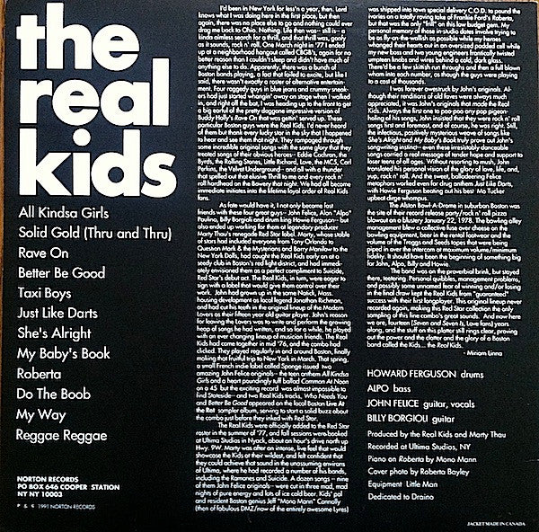 Image of Back Cover of 4524217E: LP - THE REAL KIDS, The Real Kids (Norton Records; ED-222, US 1991 Reissue)   VG+/EX