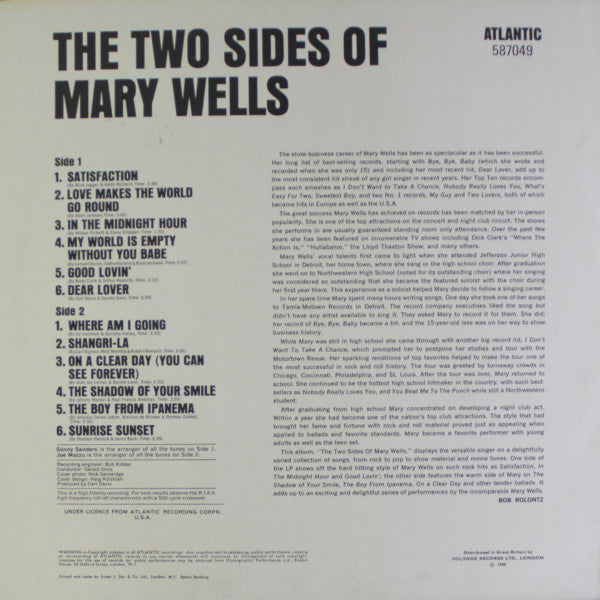 Image of Back Cover of 4544209S: LP - MARY WELLS, The Two Sides Of Mary Wells (Atlantic; 587049, UK 1966) Lightly stained sleeve.   VG/VG+