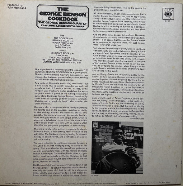 Image of Back Cover of 4524256E: 12" - THE GEORGE BENSON QUARTET FEATURING LONNIE SMITH, The George Benson Cookbook (CBS Orange (33 1/3 On Label); BPG 62971, UK 1967)   VG/VG