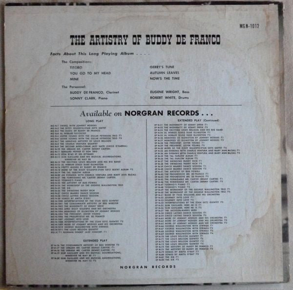 Image of Back Cover of 4524261E: LP - BUDDY DEFRANCO, The Artistry Of Buddy DeFranco (Norgran Records; MGN-1012, US 1954)   VG/VG