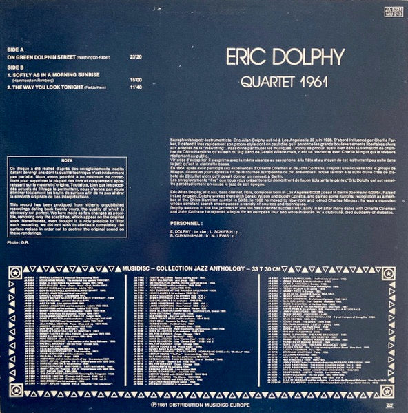 Image of Back Cover of 4614211C: LP - ERIC DOLPHY, Quartet 1961 (Musidisc; JA 5234, France 1981 Reissue) Sleeve has light wear and some creases at edges, spine and corners  VG/VG