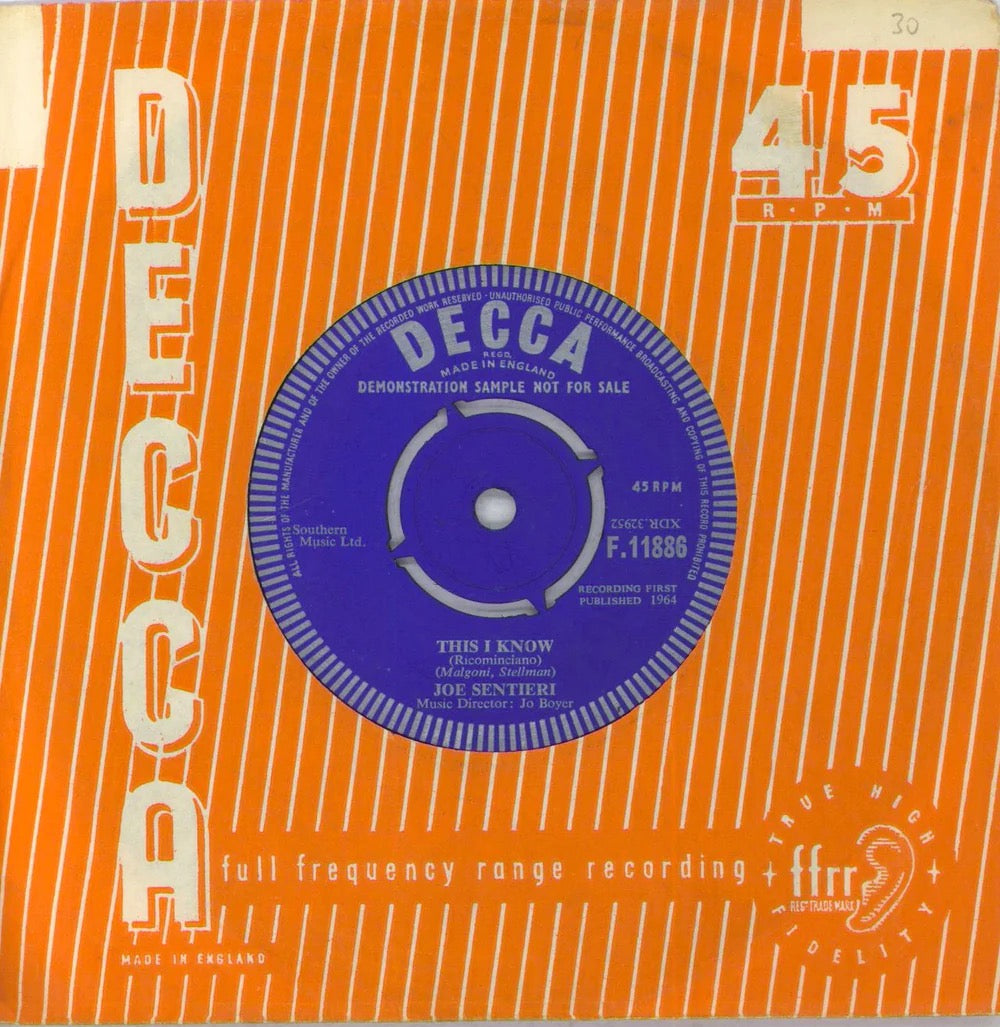 Image of Back Cover of 4524309E: 7" - JOE SENTIERI, I Have Loved You (Incident On Platform Six) / This I Know (Ricominciano) (Decca; F.11886, UK 1964, A Label Demo, Company Sleeve) Strong VG+, Sleeve Creased And Stickered  VG/VG+