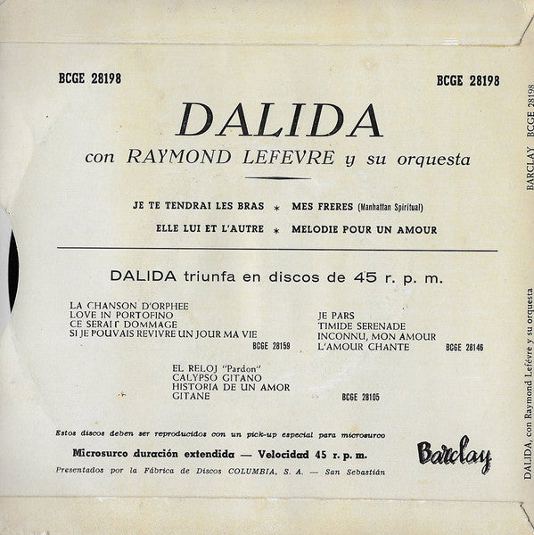 Image of Back Cover of 4524298E: 7" EP - DALIDA, Su Nombre Es Dalida (Barclay ; BCGE 28198, Spain 1960, Flipback Sleeve) Edge Wear, Sticker Stuck To Rear Sleeve  VG/VG+