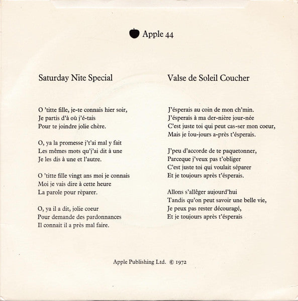 Image of Back Cover of 4524297E: 7" - THE SUNDOWN PLAYBOYS, Saturday Nite Special / Valse De Soleil (Sundown Waltz) (Apple Records ; APPLE 44, UK 1972, Company Sleeve) Ring Wear  VG/VG+