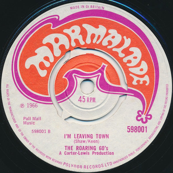 Image of Back Cover of 4524296E: 7" - THE ROARING 60'S, We Love The Pirates / I'm Leaving Town (Marmalade ; 598001, UK 1966) Strong VG  /VG