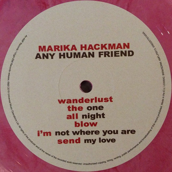 Image of Label Cover of 4644133S: LP - MARIKA HACKMAN, Any Human Friend (AMF Records; AMFLP0013, Europe 2019, Insert, Pink Vinyl) Opened instore. Cover still in shrink.  EX/EX