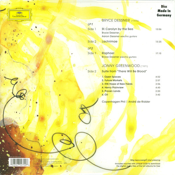 Image of Back Cover of 2xLP - VG/VG+ - BRYCE DESSNER / JONNY GREENWOOD, COPENHAGEN PHIL, ANDR  DE RIDDER, St. Carolyn By The Sea / Suite From "There Will Be Blood" (Deutsche Grammophon; 00289 479 2700, Europe 2014, Gatefold, 180 Gram Vinyl, feat Bryce & Aaron Dessner of The National), ,  - 1546192S