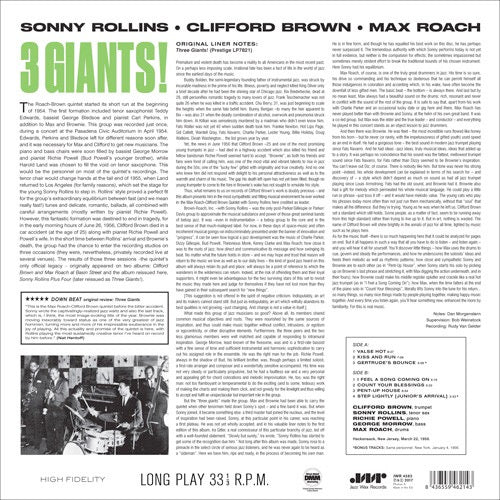 Image of Back Cover of 4514342C: LP - SONNY ROLLINS, CLIFFORD BROWN AND MAX ROACH, 3 Giants! (Jazz Wax Records; JWR 4583, Europe 2017 Reissue, Mono) Some light edge and corner wear on sleeve  VG/VG