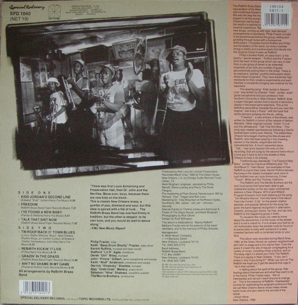 Image of Back Cover of 4514345C: LP - REBIRTH BRASS BAND, Kickin' It Live Mardi Gras, New Orleans 1990 (Special Delivery; SPD 1040, Europe 1991) Sleeve has some scuffs  VG/VG