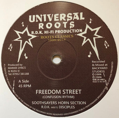 Image of Front Cover of 4514371C: 10" - R.D.K. MEETS DISCIPLES & THE SOOTHSAYERS HORN SECTION / SANDEENO, Freedom Street / Put Down De Guns (Universal Roots; UR10-001, UK 2018) Light marks only.  /VG+