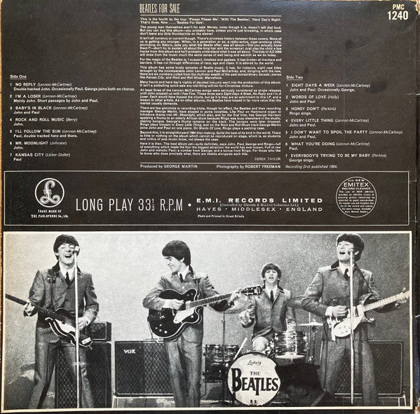 Image of Back Cover of LP - VG/G+ - THE BEATLES, Beatles For Sale (Parlophone Black/Yellow; PMC 1240, UK 1964, Laminated Gatefold Sleeve, No full stop after NCB in credits for B5, KT Tax Code, 'Unipak'-style sleeve with flipbacks inside), Quite a few very fine hairlines, Nothing feelable, Good gloss to disc, Clean sleeve, closer to VG+, Just a light fading to laminate and a spine pinch,  - 2816340C