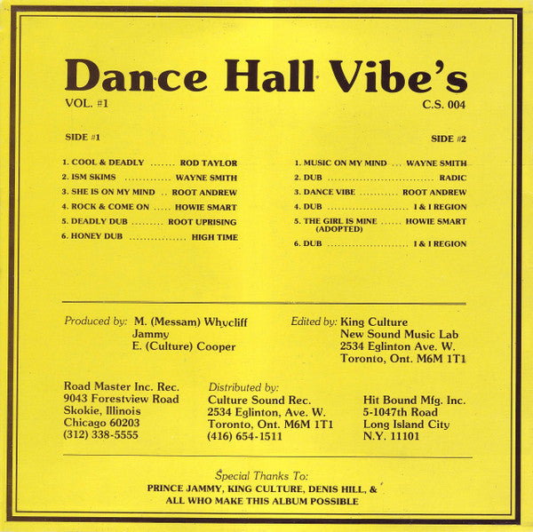 Image of Back Cover of 4514374C: LP - VARIOUS ARTISTS, Dance Hall Vibe's Vol. #1 (Super Cliff Productions; CS 004, Canada 1980s) Light marks and scuffs, plays above grade. Light discolouration on sleeve.  VG/VG