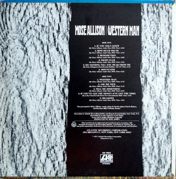 Image of Back Cover of 4514407C: LP - MOSE ALLISON, Western Man (Atlantic; SD 1584, US 1971, Laminated Front Sleeve, Company Inner) Sleeve worn and scuffed. Cut-out (notched) in opening  VG/VG