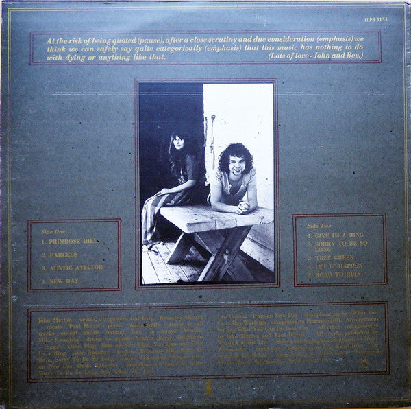 Image of Back Cover of 4524098E: LP - JOHN AND BEVERLEY MARTYN, The Road To Ruin (Island Orange Sunset, Blue Rim; ILPS 9133, UK 1970s Reissue, Inner, With Text On Lower Label Rim.) Strong VG  VG+/VG