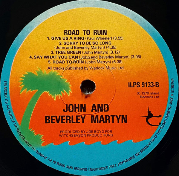 Image of Label Cover of 4524098E: LP - JOHN AND BEVERLEY MARTYN, The Road To Ruin (Island Orange Sunset, Blue Rim; ILPS 9133, UK 1970s Reissue, Inner, With Text On Lower Label Rim.) Strong VG  VG+/VG