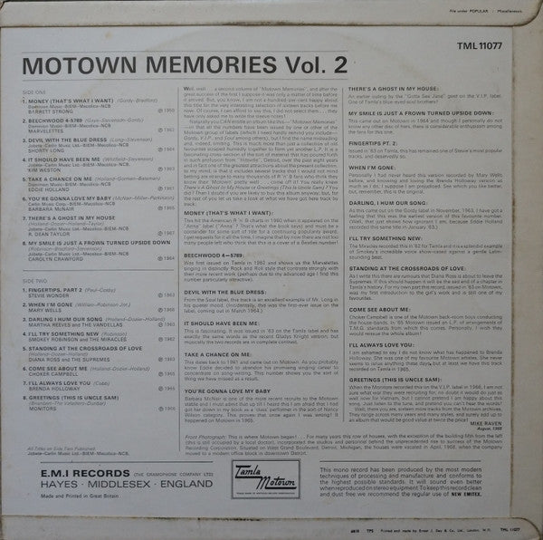 Image of Back Cover of 2614356C: LP - VARIOUS ARTISTS, Motown Memories - Vol 2 (Tamla Motown; TML 11077, UK 1968, Laminated Flipback Sleeve, Mono) Sleeve has creased corner and stain on reverse. Also a stamp and track times written. Company sleeve has stamp and writing too  VG/VG