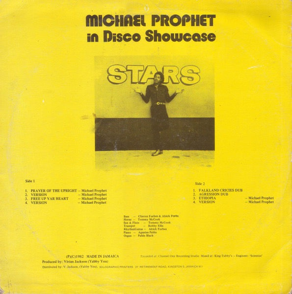 Image of Back Cover of 4514429C: LP - MICHAEL PROPHET, Stars In Disco Showcase (Vivian Jackson (Yabby You) / Prophet Record; , Jamaica ) Conservative grading, light marks only, sounds VG+. Light wear on sleeve.  VG/VG