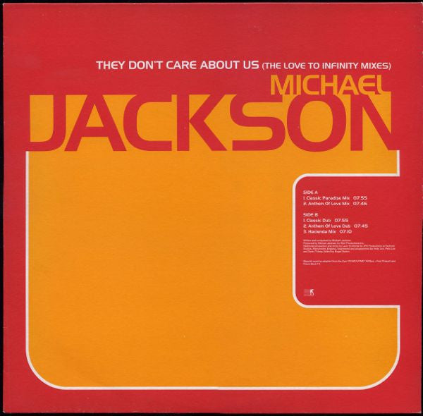 Image of Front Cover of 12" - VG+/VG - MICHAEL JACKSON, They Don't Care About Us (The Love To Infinity Mixes) (Epic ; XPR 3020, UK 1996, Titled Company Sleeve, Company Inner), Faint hairlines.,  - 4016578C