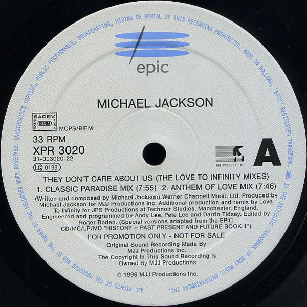 Image of Label Cover of 12" - VG+/VG - MICHAEL JACKSON, They Don't Care About Us (The Love To Infinity Mixes) (Epic ; XPR 3020, UK 1996, Titled Company Sleeve, Company Inner), Faint hairlines.,  - 4016578C