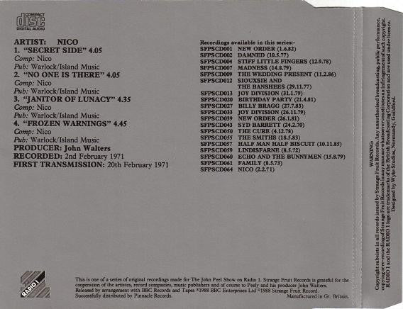 Image of Back Cover of 4534229E: CD - NICO, The Peel Sessions (Strange Fruit; SFPSCD064, UK 1988, Single CD Case)   VG+/VG+