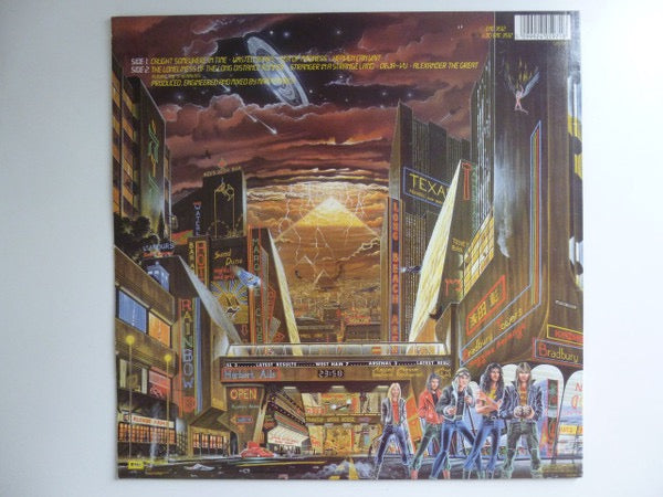 Image of Back Cover of LP - VG+/F - IRON MAIDEN, Somewhere In Time (EMI; EMC 3512, UK 1986 Reissue, Inner), , Vinyl grade would be VG but for a pressing fault that impacts the final track on both sides - didn't skip here and plays through fine but needle jerks a bit. - 2326288E