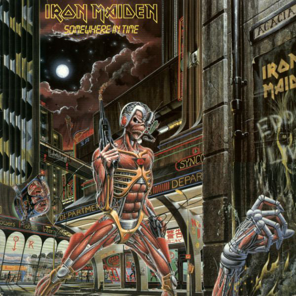 Image of Front Cover of LP - VG+/F - IRON MAIDEN, Somewhere In Time (EMI; EMC 3512, UK 1986 Reissue, Inner), , Vinyl grade would be VG but for a pressing fault that impacts the final track on both sides - didn't skip here and plays through fine but needle jerks a bit. - 2326288E
