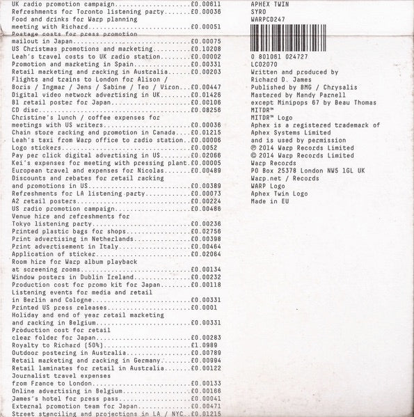 Image of Back Cover of 4514466C: CD - APHEX TWIN, Syro (Warp Records; WARPCD247, UK & Europe 2014, Digipak, Insert, 801061024727)   VG/VG+