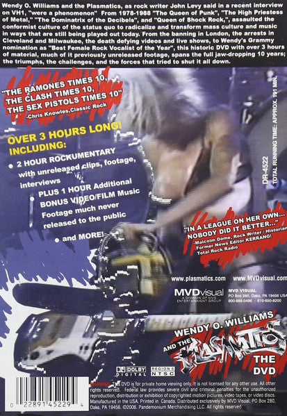 Image of Back Cover of 4534253E: DVD - WENDY O. WILLIAMS AND THE PLASMATICS, Ten Years Of Revolutionary Rock And Roll The DVD (MVD Visual; DR-4522, US 2006, DVD Case)   VG+/VG+