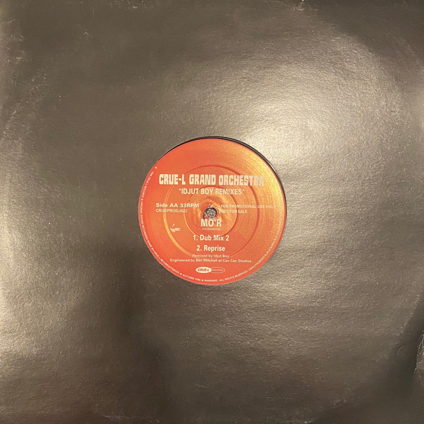 Image of Back Cover of 4524428E: 12" - CRUE-L GRAND ORCHESTRA, Mo'R (Idjut Boys Remixes) (Crue-L Records; CRUEPRODJ022, Japan 1996, Stickered Company Sleeve) Strong G+  VG/G+