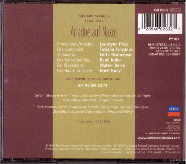 Image of Back Cover of 4534269E: 2xCD - RICHARD STRAUSS - LEONTYNE PRICE, GRUBEROVA, TROYANOS,  KOLLO,  LONDON PHILHARMONIC ORCHESTRA, SIR GEORG SOLTI, Ariadne auf Naxos (Decca; 460 233-2, Europe 1998, Box Set, Inner)   VG+/VG+