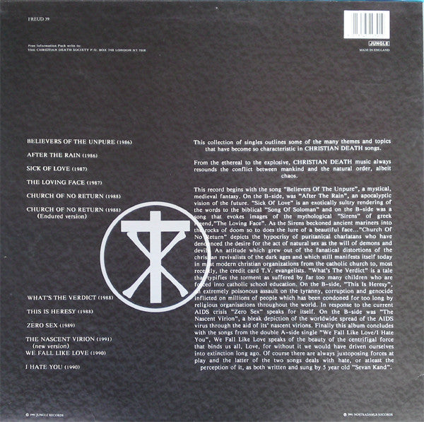 Image of Back Cover of 4544383S: LP - CHRISTIAN DEATH, Jesus Points The Bone At You? (Jungle Records; FREUD 39, UK & Europe 1991, Inner) Scuffs and hairlines.  VG+/VG