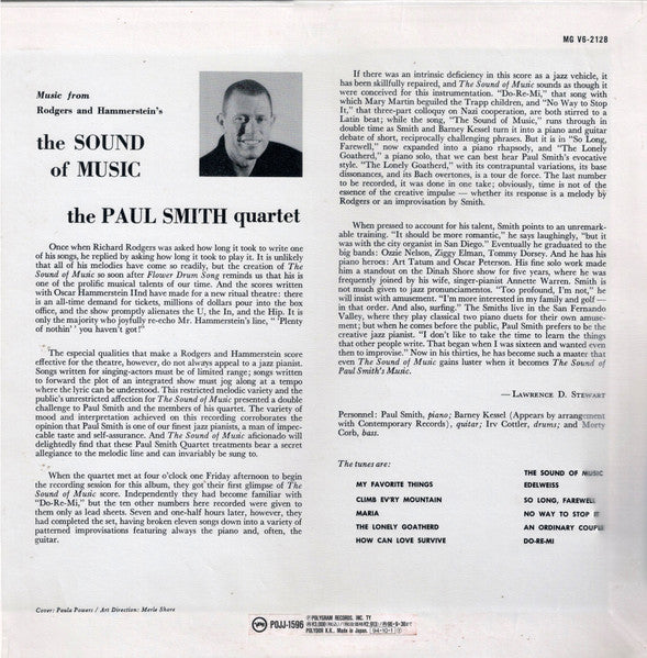 Image of Back Cover of 4524434E: LP - THE PAUL SMITH QUARTET, The Sound Of Music (Verve Records; POJJ-1596, Japan 1994 Reissue, Insert, Obi)   VG+/VG+