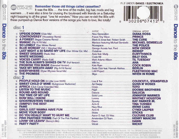 Image of Back Cover of 4634003E: 2xCD - VARIOUS, Dance To The 80s: The Ultimate Electronic Dance Collection (Water Music Dance ; 302 060 741-2, US 2007, Jewel Case, Inner) small crack to cd case  VG/EX