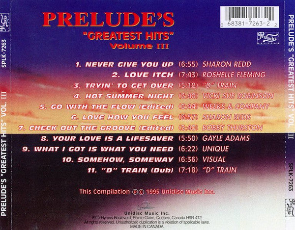 Image of Back Cover of 4634027E: CD - VARIOUS, Prelude's Greatest Hits - Volume III (Unidisc ; SPLK-7263, Canada 1995, Jewel Case, Inner)   EX/EX