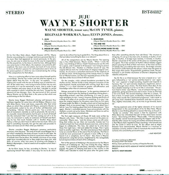 Image of Back Cover of 4624005E: LP - WAYNE SHORTER, Juju (Blue Note; BST 84182, US 1985, Pasteback Sleeve, DMM Remaster)   VG+/VG+