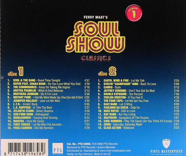 Image of Back Cover of 4634034E: 2xCD - VARIOUS, Ferry Maat's Soulshow Classics - Volume 1 (PTG Records; PTG 34058, Netherlands 2008, Box Set, Booklet)   VG+/VG+