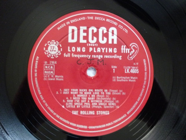 Image of Label Cover of 5124218E: LP - THE ROLLING STONES, The Rolling Stones (Decca Red Unboxed, Made In England Text at Top of Label, Rights Societies Stacked on Left of Label on Both Sides. No Recording First Published Text; LK 4605, UK 1964, Laminated Non-Flipback Sleeve - Cover B2, Mono, 'I Need You Baby' Tracklisting, K/T Tax Code) Minor Sticker Blemish on Sleeve  VG/VG+