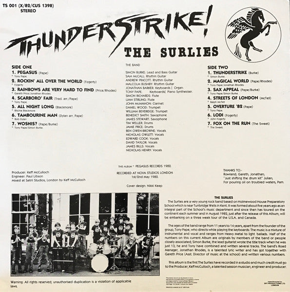 Image of Back Cover of 4524458E: LP - THE SURLIES, Thunderstrike! (Pegasus Records ; TS 001, UK 1982, Stereo)   VG/VG+