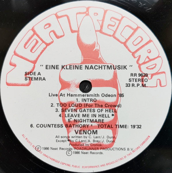 Image of Label Cover of 4614008C: 2xLP - VENOM, Eine Kleine Nachtmusik (Roadrunner Records; RR 9639, Europe 1986, Gatefold, 2 Inners) Lots of little light hairline marks, Looks worse than it sounds, Sleeve has a split at the top edge and ring wear  G+/G+