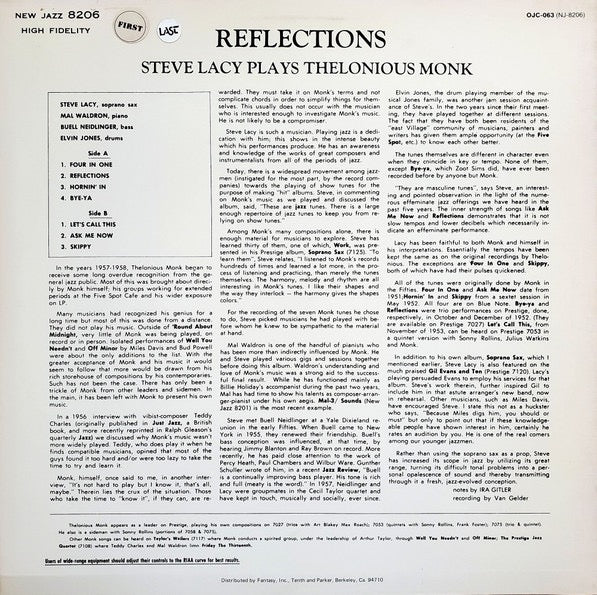 Image of Back Cover of 4614062C: LP - STEVE LACY, Reflections: Steve Lacy plays Thelonious Monk (Original Jazz Classics; OJC-063, US 1983 Reissue) Still In Stickered Shrinkwrap  VG+/VG+