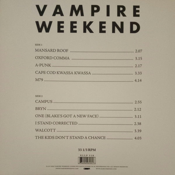 Image of Back Cover of 4614056C: LP - VAMPIRE WEEKEND, Vampire Weekend (XL Recordings; XLLP 318, US 2008, Insert) Small split on top seam.  VG/G+