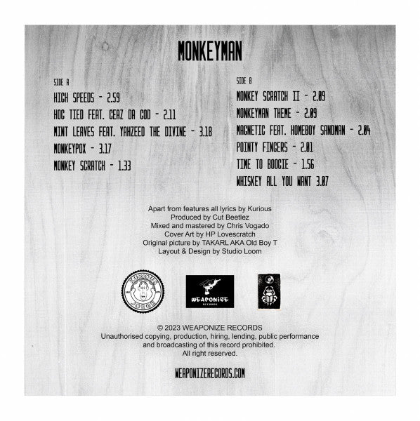 Image of Back Cover of 4524462E: LP - KURIOUS AND CUT BEETLEZ, Monkeyman (Weaponize Records; WR23001-02, UK 2023, Limited Edition of 450) Opened Instore, Still In Shrinkwrap  EX/EX